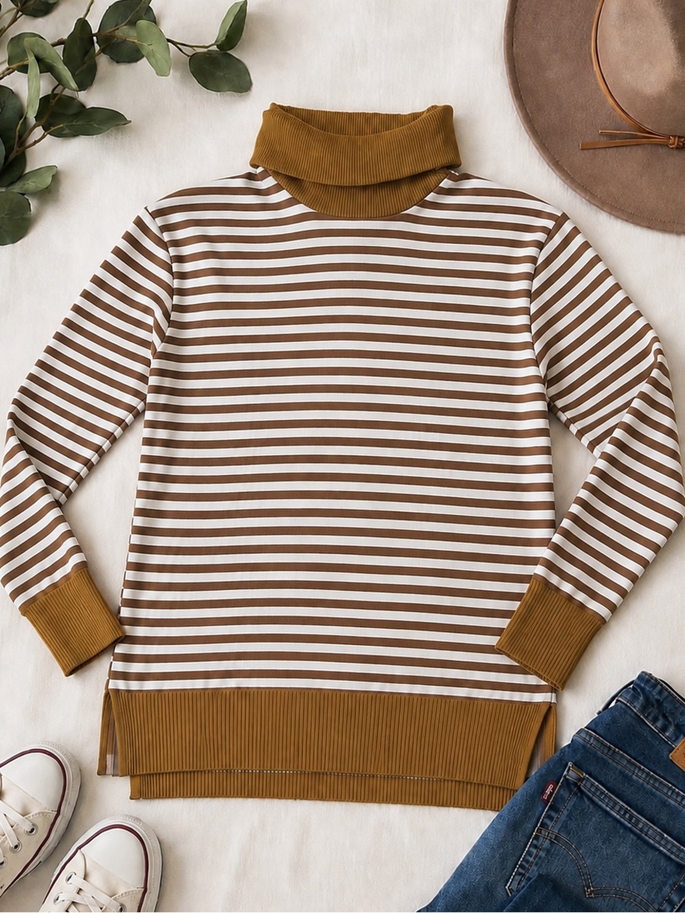 GAP Striped Cowlneck Sweater in Brown and White